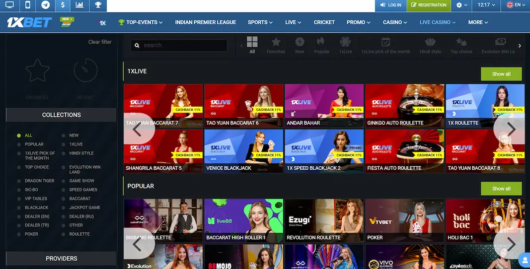 1xBet Live Casino Site View